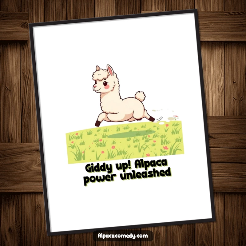 Funny Free Printable Wall Art: An energetic alpaca in full gallop across a grassy meadow, capturing speed and joy. Lively decor.