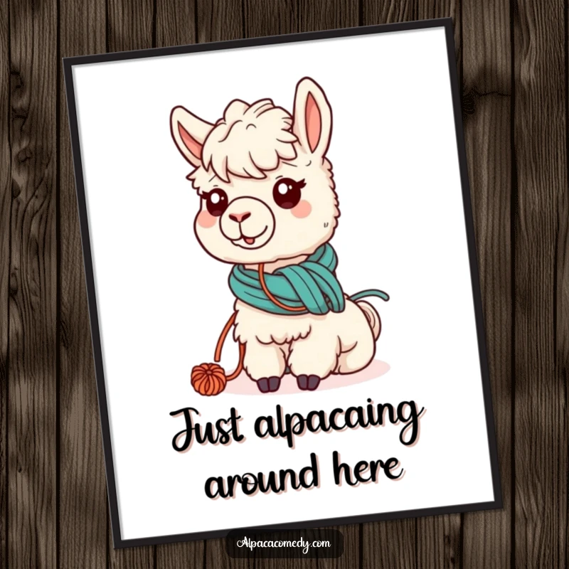 Funny Free Printable Alpaca Wall Art: Kawaii alpaca with yarn around its neck grazing, creating a cozy atmosphere, downloadable art.