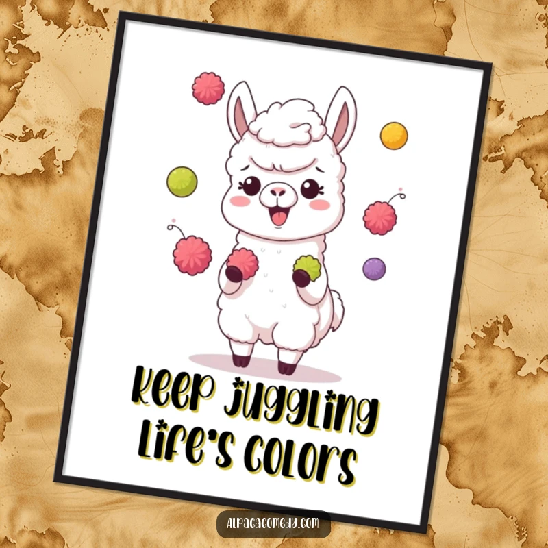 Funny Free Printable Wall Art: A giggling alpaca with incredible skill juggling colorful pompoms, adding playful energy.