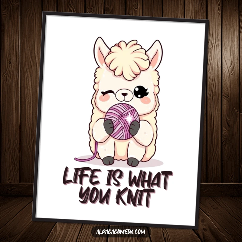Funny Free Printable Alpaca Wall Art: An alpaca winks suggestively while holding a tiny sparkling yarn ball. Playful downloadable decor.