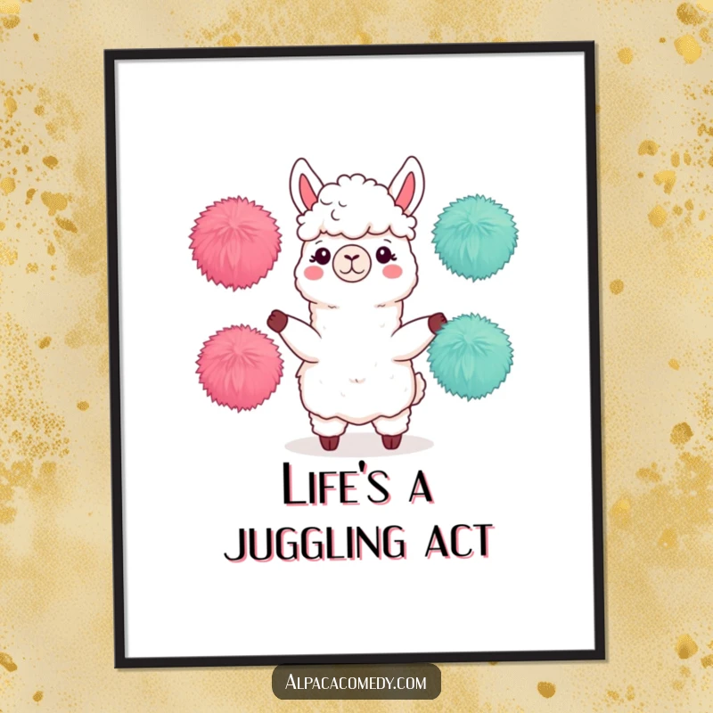 Funny Free Printable Wall Art: Adorable alpaca focused on juggling fuzzy pom-poms, a whimsical and humorous piece of downloadable art for your walls.