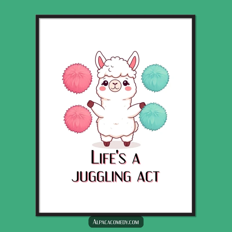 Funny Free Printable Alpaca Wall Art: Juggling Pompoms, Downloadable Quirky Decor