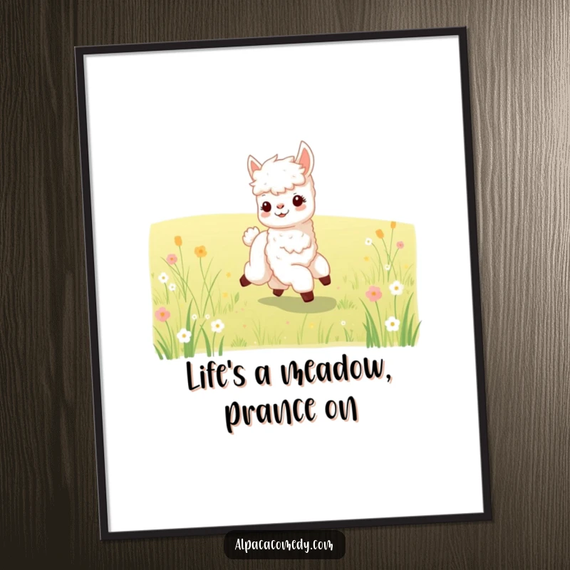 Free Printable Wall Art: A baby alpaca joyfully prancing through a vibrant meadow, perfect for adding a touch of whimsical charm.