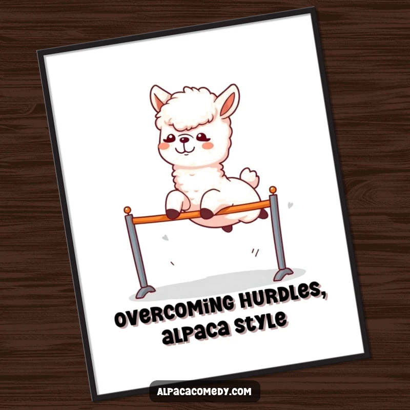 Funny Free Printable Wall Art: An alpaca captured mid-leap over a hurdle, showcasing pure excitement and dynamism for your decor.