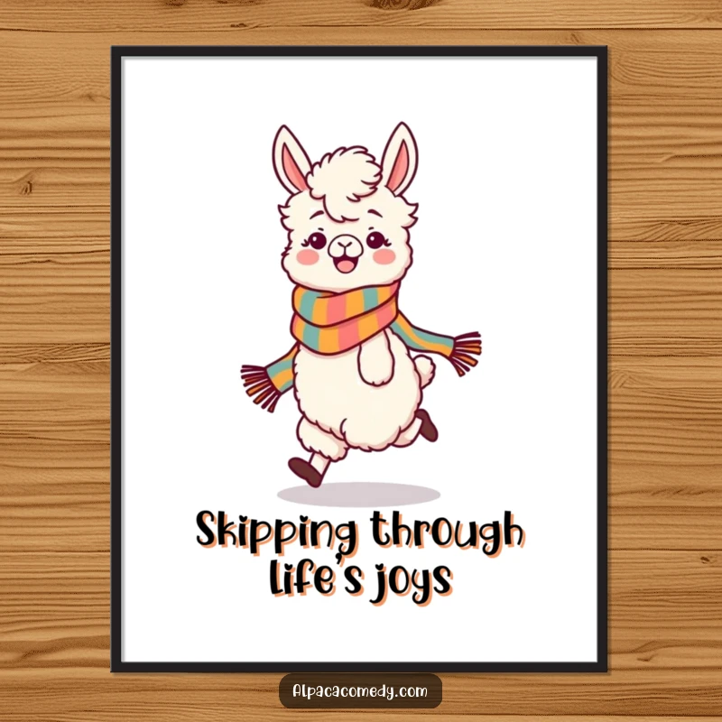 Funny Free Printable Wall Art: A cheerful alpaca in a colorful scarf skipping with pure glee, adding fun to any room.