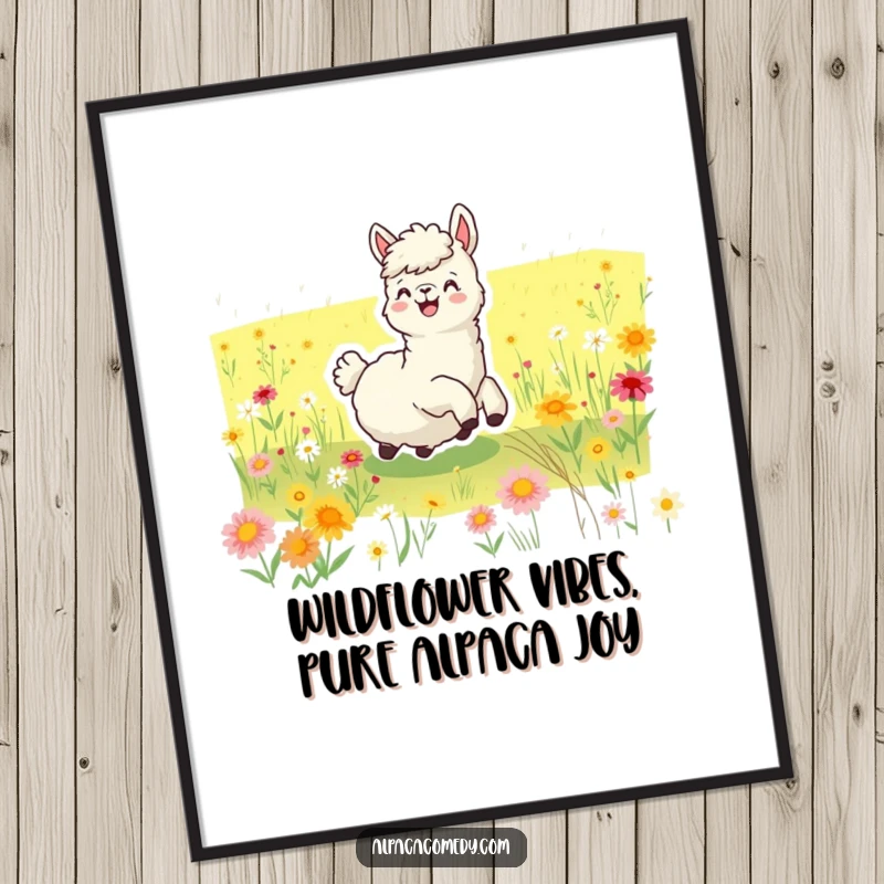 Funny Free Printable Wall Art: A joyous alpaca in full delight, rolling through a vibrant field of wildflowers. Hilarious and cheerful decor.