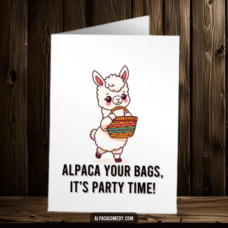 Funny Free Printable Alpaca Birthday Card: Cute alpaca with woven basket, ready to deliver birthday cheer, downloadable and print-at-home.