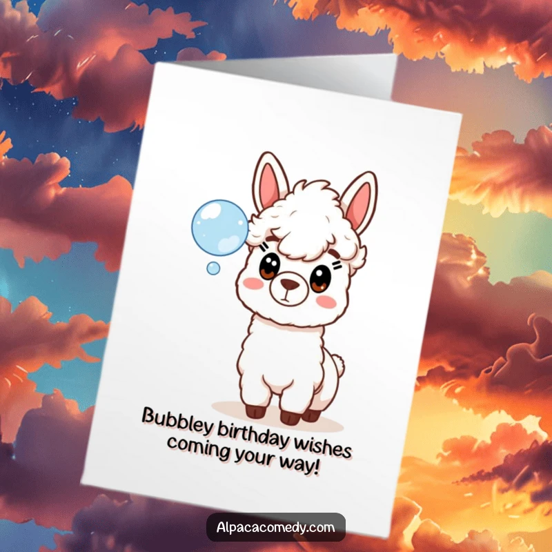 Funny Free Printable Birthday Card: Surprised alpaca character stares wide-eyed at a floating soap bubble, perfect for laughter.