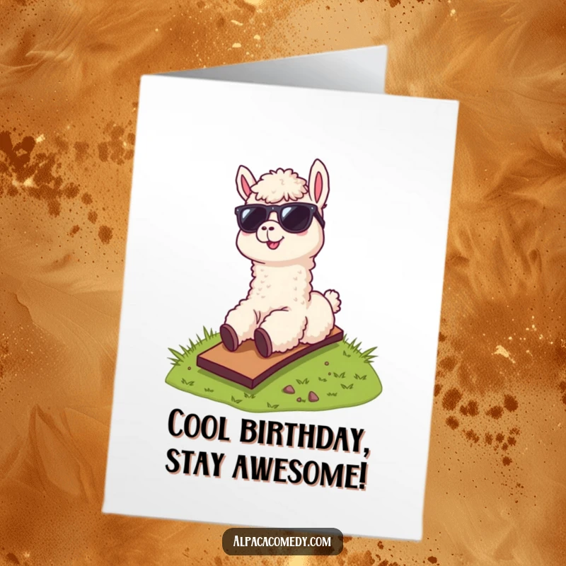 Funny Free Printable Alpaca Birthday Card: Alpaca in sunglasses sliding down hill, embodying cool vibes for a birthday, a downloadable gift.