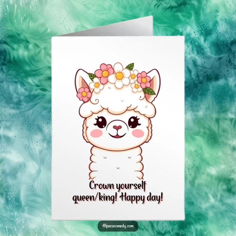 Funny Free Printable Birthday Card: Kawaii alpaca adorably wearing a flower crown, soft gentle eyes.