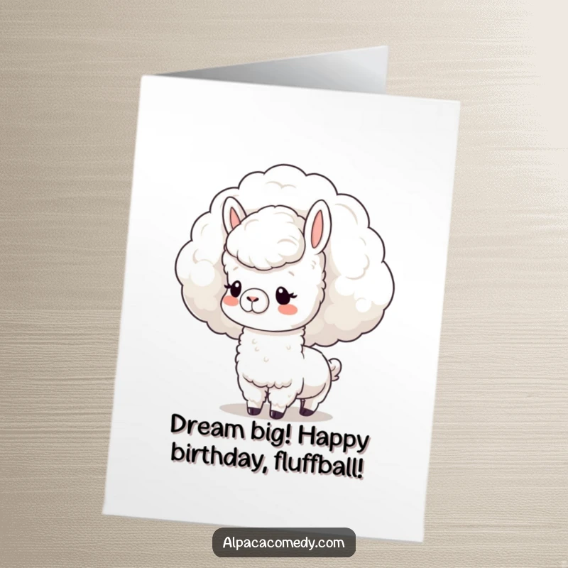 Funny Free Printable Birthday Card: Kawaii alpaca gently nuzzling a giant fluffy cloud, soft expression.