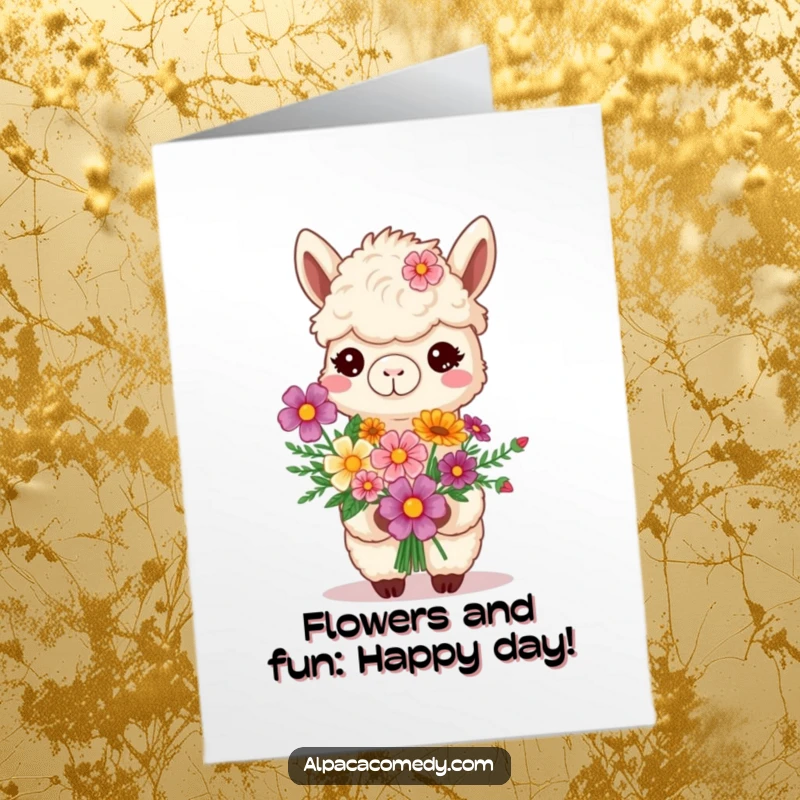 Funny Free Printable Birthday Card: Smiling alpaca proudly presenting a vibrant bouquet of flowers for a birthday.