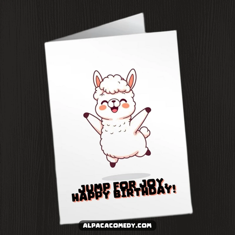 Funny Free Printable Alpaca Birthday Card: Alpaca character joyfully jumping with wool flying, celebrating with explosive energy, a downloadable gift.