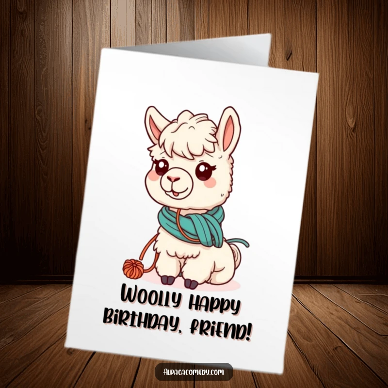 Funny Free Printable Alpaca Birthday Card: Kawaii alpaca with yarn around neck grazing peacefully, perfect for a cozy birthday, downloadable gift.