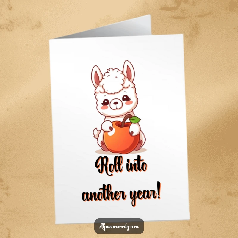 Funny Free Printable Birthday Card: Gentle alpaca playfully nudging a rolling apple with its nose, a whimsical and sweet birthday greeting, downloadable art.