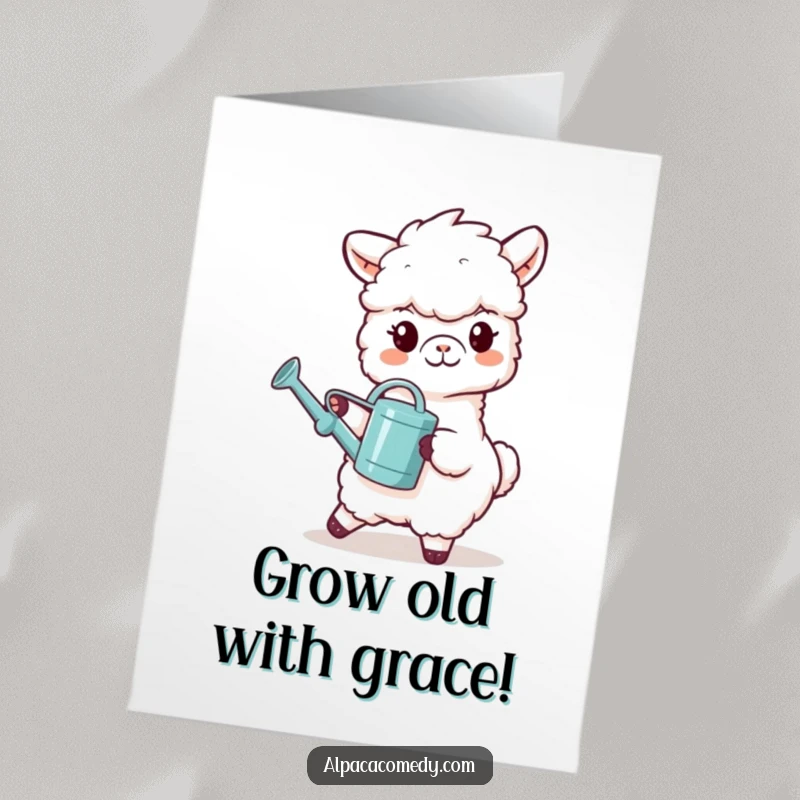 Funny Free Printable Birthday Card: Smiling alpaca carrying a tiny watering can, ready to nurture, a sweet and humorous birthday wish, downloadable art.