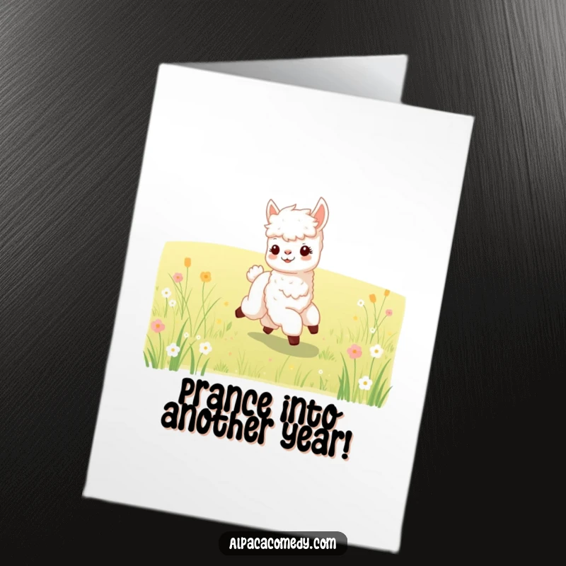 Free Printable Birthday Card: A baby alpaca joyfully prancing through a meadow, radiating happiness and celebration under a sunny sky.