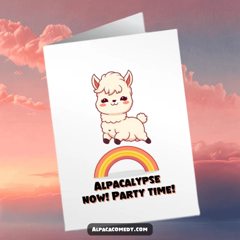 Funny Free Printable Birthday Card: Kawaii alpaca joyfully jumping over a rainbow, fluffy mane in motion.