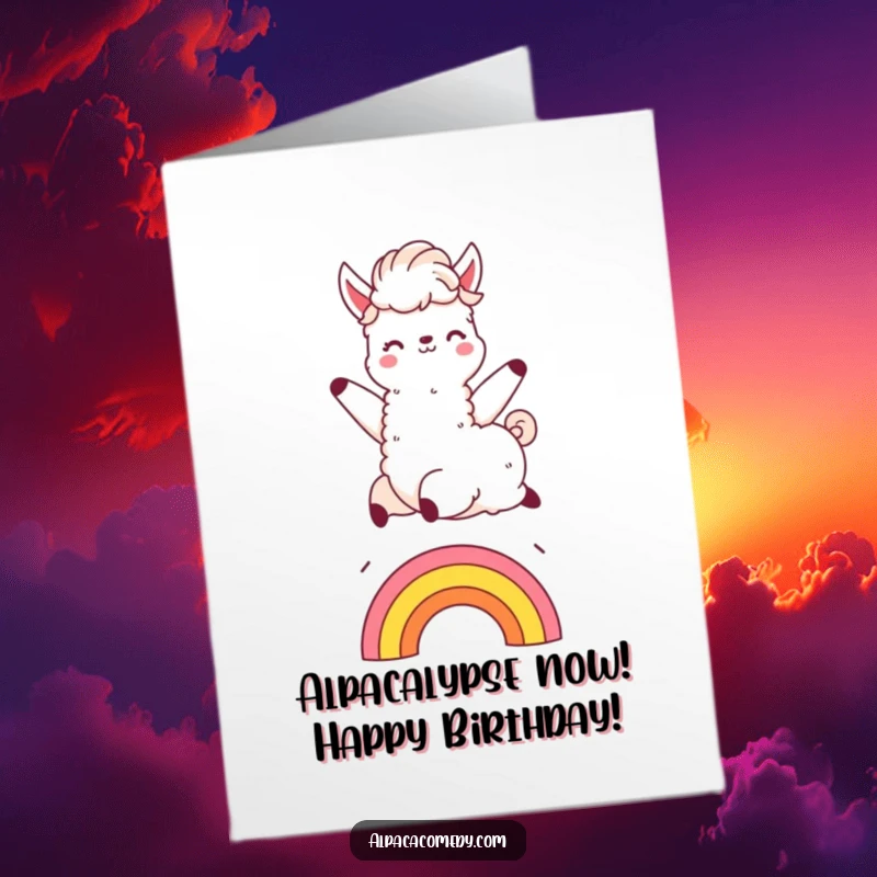 Funny Free Printable Birthday Card: Kawaii alpaca joyfully leaping over a vibrant rainbow, mane flying, for a fun celebration.