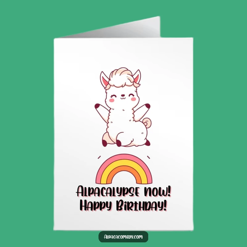Free Printable Birthday Card: Funny Kawaii Alpaca Rainbow Leap, Perfect Downloadable Gift