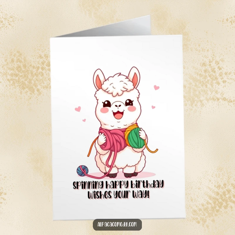 Funny Free Printable Birthday Card: Kawaii alpaca sharing colorful yarn with friends, wide warm smile.