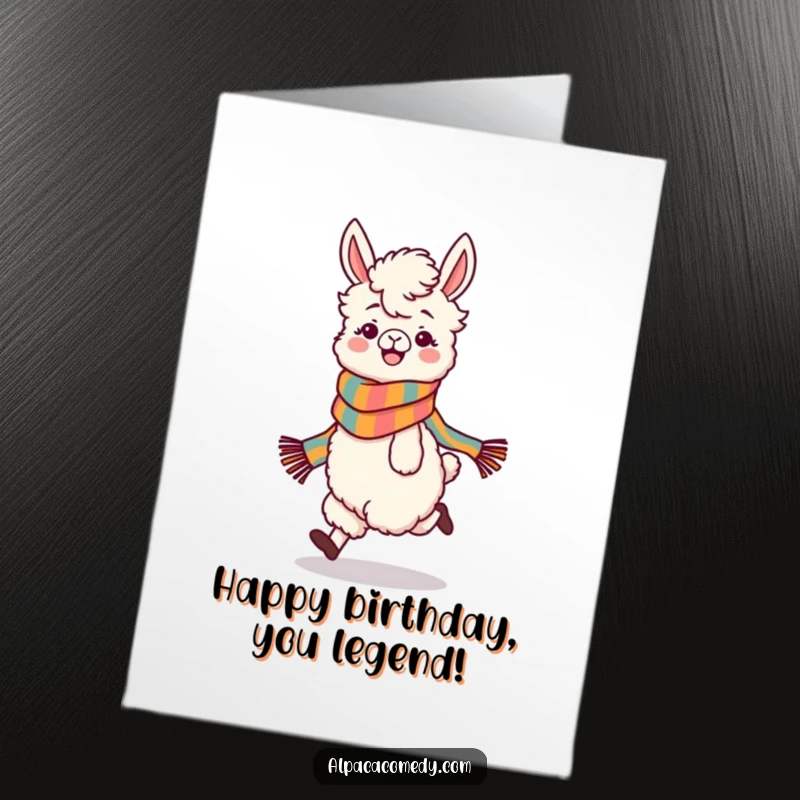 Funny Free Printable Birthday Card: Playful alpaca in a colorful scarf skipping happily, embodying pure birthday excitement.