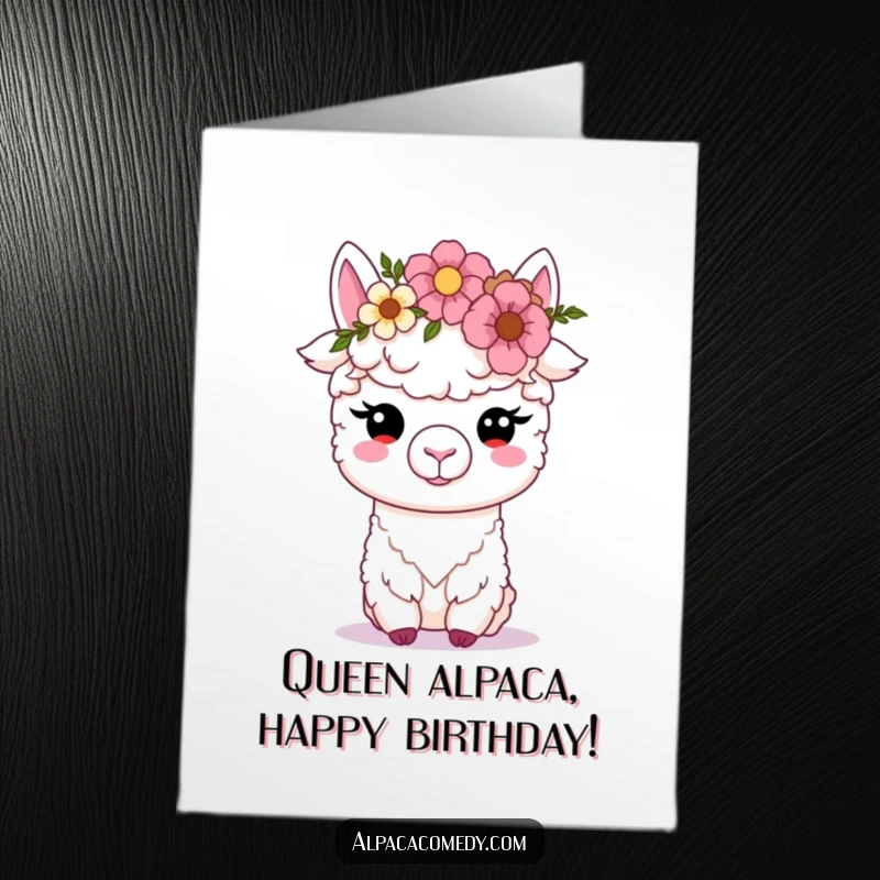 Free Printable Birthday Card: Kawaii alpaca sweetly balancing a colorful flower crown on its head, soft eyes, gentle expression.