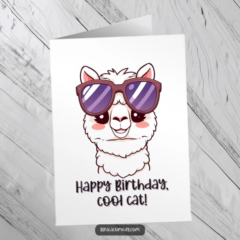 Funny Free Printable Birthday Card: Kawaii alpaca wearing oversized sunglasses, looking cool and happy, downloadable.