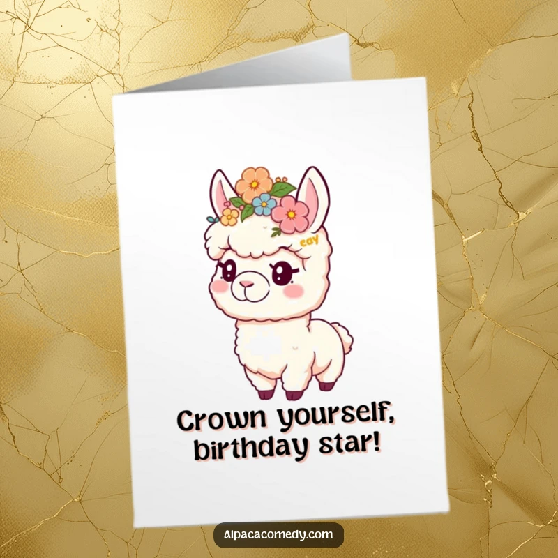 Free Printable Birthday Card: A happy alpaca playfully wearing a colorful flower crown, ready to celebrate your special day.