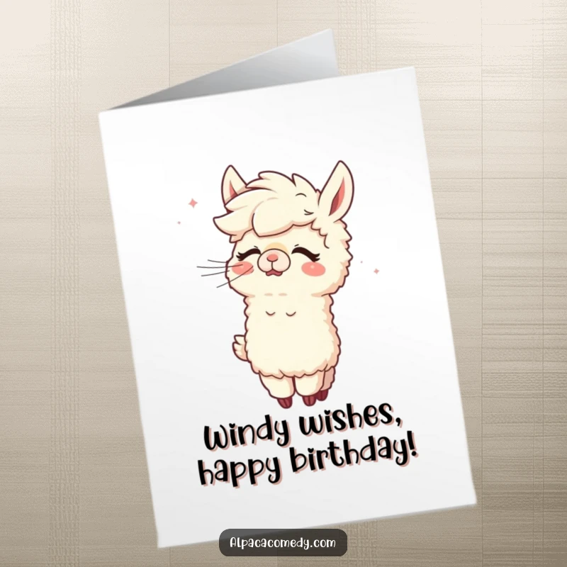 Funny Free Printable Birthday Card: Giggling alpaca enjoying a windy grooming session, perfect for a cheerful celebration.