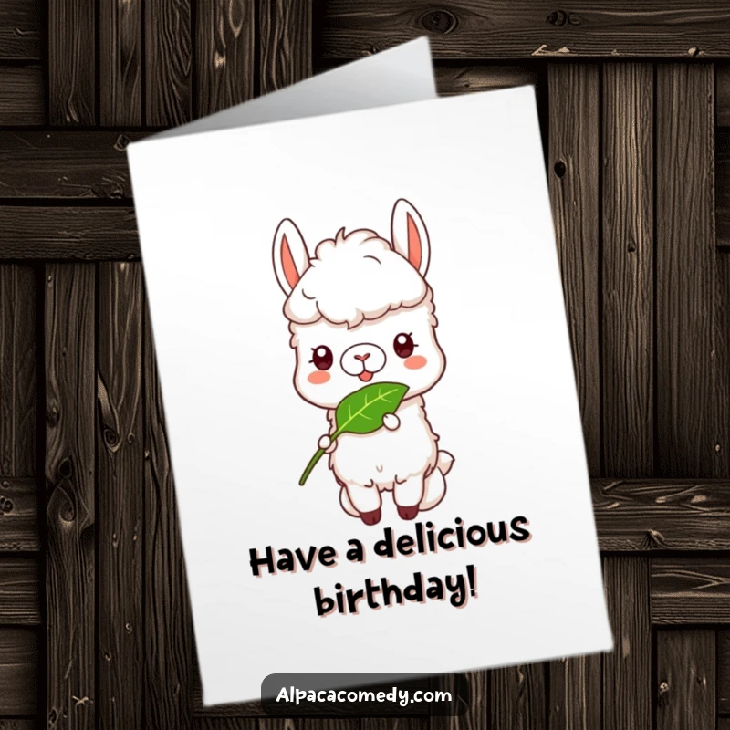 Funny Free Printable Birthday Card: A happy alpaca contentedly munching on a delicious green leaf, perfect for a peaceful birthday wish.