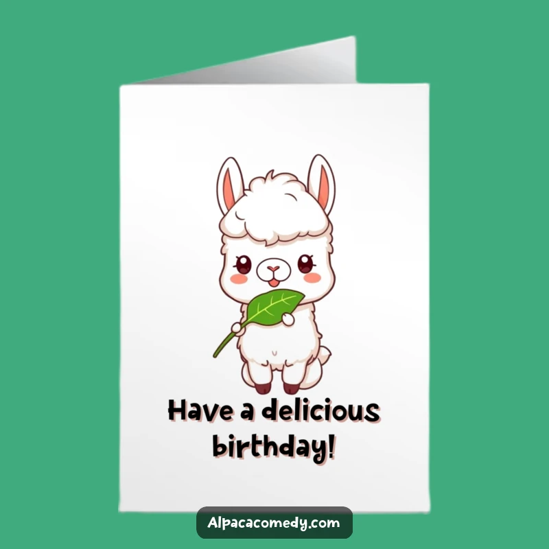 Free Printable Funny Alpaca Birthday Card: Leaf Munching Joy