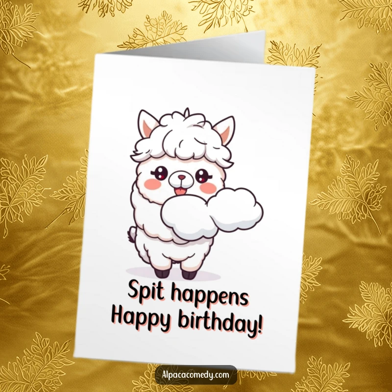 Funny Free Printable Birthday Card: Happy Alpaca spitting a fluffy cloud with a goofy grin, ready to celebrate.