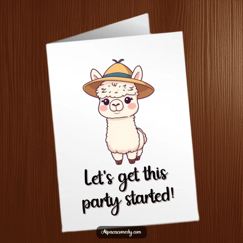Funny Free Printable Birthday Card: Playful alpaca in a floppy hat wiggling its nose, wishing a happy birthday.
