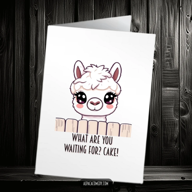 Funny Free Printable Birthday Card: Curious alpaca with large, gentle eyes peeking over a fence, sending birthday greetings.