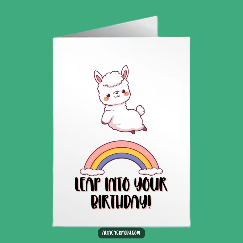 Free Printable Happy Alpaca Birthday Card: Jumping Kawaii Paca Over Rainbow Fun