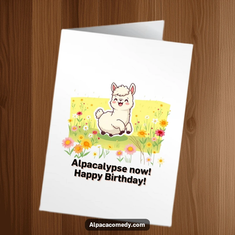 Funny Free Printable Birthday Card: Joyful alpaca gleefully rolling in a vibrant wildflower field, radiating pure delight. A hilarious design.