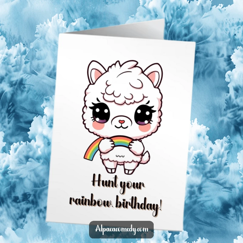 Free Printable Birthday Card: A curious alpaca with wide eyes holding a vibrant rainbow, wishing you a magical birthday.
