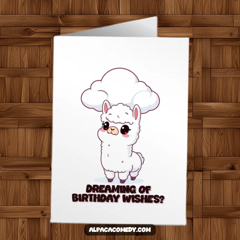 Funny Free Printable Alpaca Birthday Card: Alpaca looking curiously at a floating cloud, conveying whimsical birthday wishes, print at home.