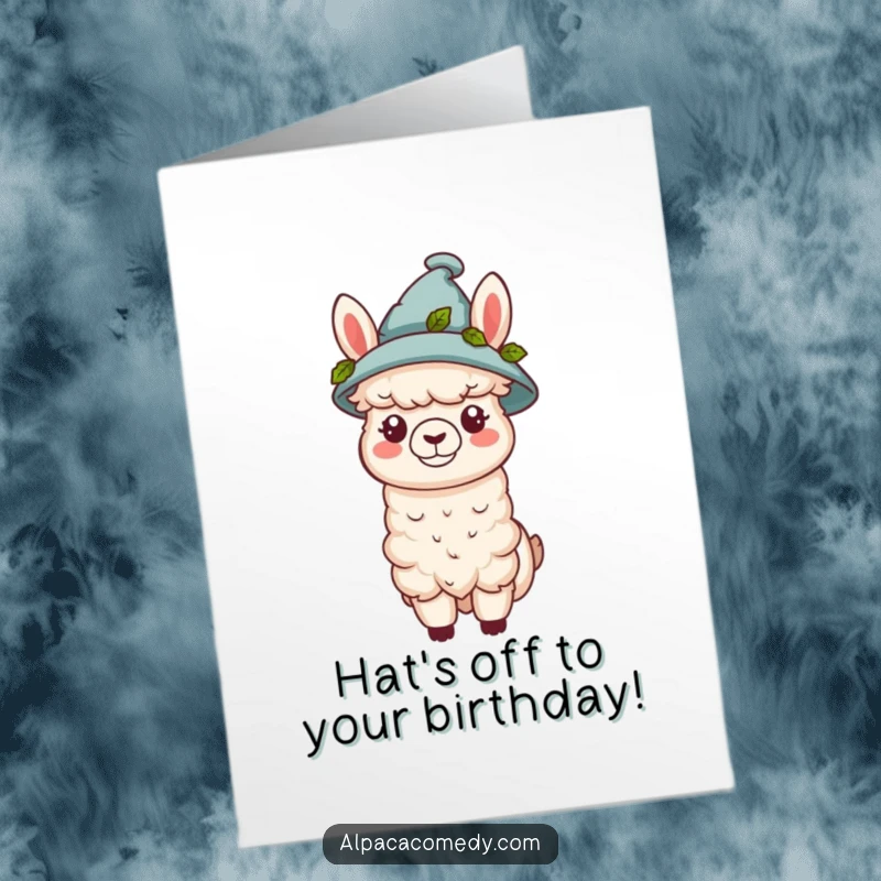 Funny Free Printable Birthday Card showing a kawaii alpaca sporting a tiny hat decorated with leaves, looking dapper.