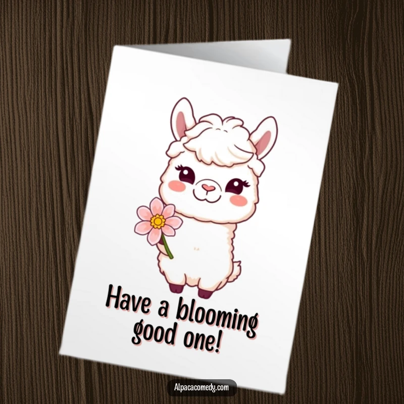Funny Free Printable Birthday Card: Winking alpaca offering a flower with a sweet smile, conveying warm birthday wishes.