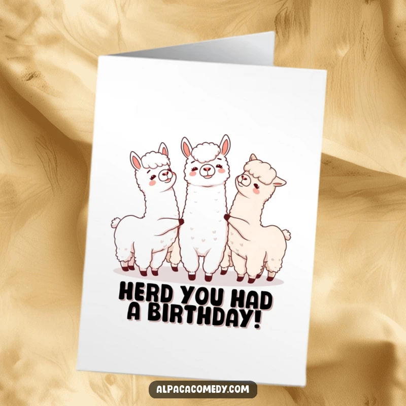 Funny Free Printable Alpaca Birthday Card: Group of alpacas playfully nudging each other, celebrating friendship and birthdays, a downloadable gift.