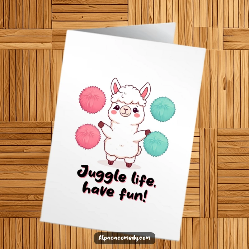 Funny Free Printable Birthday Card: Skilled alpaca juggling fuzzy pom-poms with concentration, a playful and humorous birthday greeting, downloadable art.