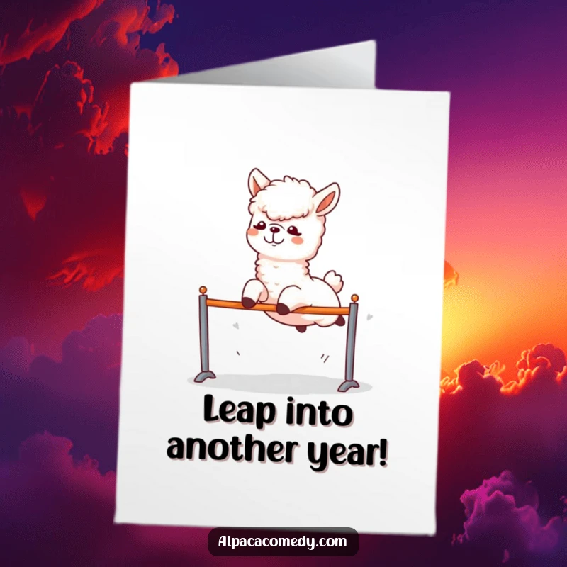 Funny Free Printable Birthday Card: An excited alpaca joyfully leaping over a small hurdle, symbolizing a triumphant birthday celebration.