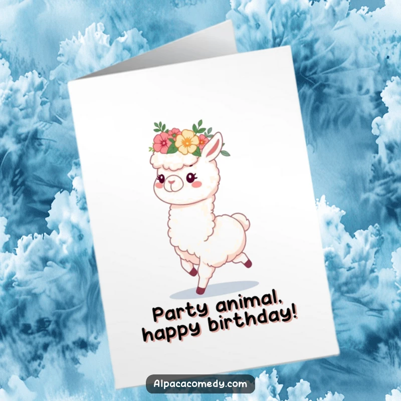 Funny Free Printable Alpaca Birthday Card: Fluffy alpaca in flower crown prancing joyfully, ready for celebration, a downloadable gift.