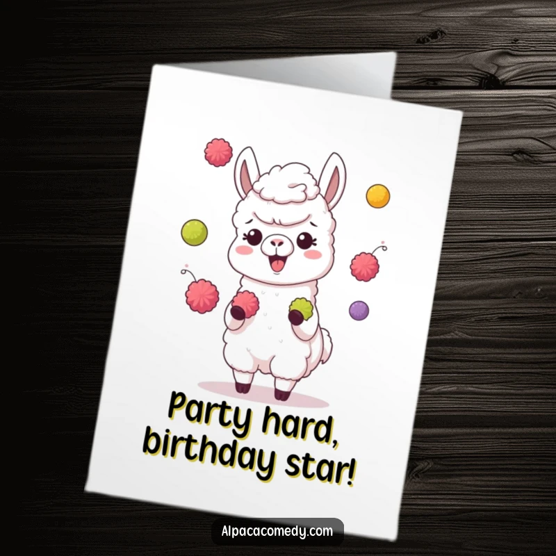 Funny Free Printable Birthday Card: Giggling alpaca skillfully juggling colorful pompoms with its hooves, celebrating merrily.
