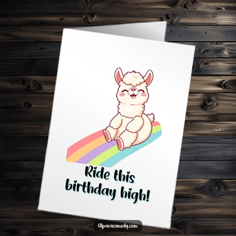 Funny Free Printable Birthday Card: a giggling alpaca slides down a rainbow with an excited expression.