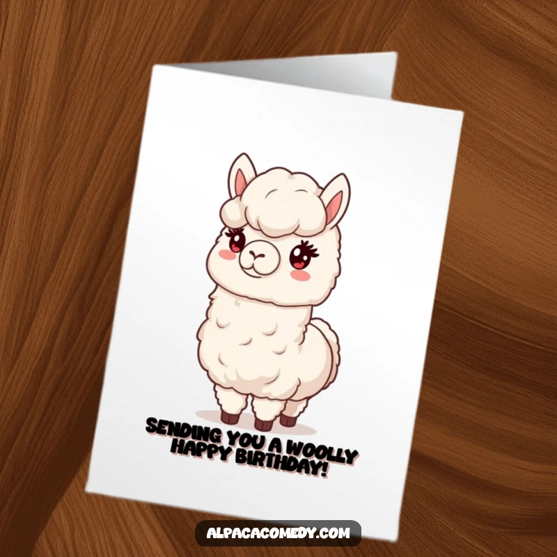 Funny Free Printable Birthday Card: A smiling alpaca offers a generous bundle of soft, fluffy wool, conveying warmth and good wishes.