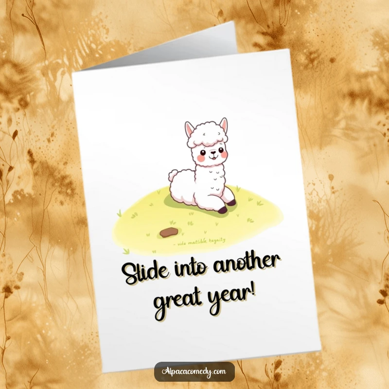Funny Free Printable Birthday Card featuring a kawaii alpaca joyfully sliding down a grassy hill, pure delight.