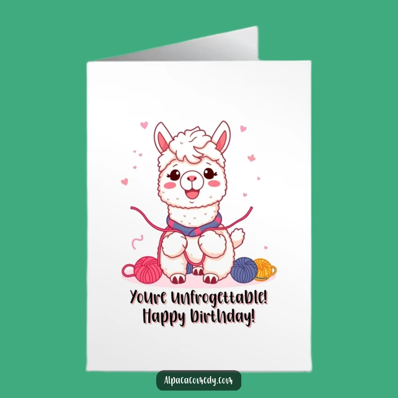 Free Printable Birthday Card: Friendly Alpaca Sharing Yarn, Warm Downloadable Wishes